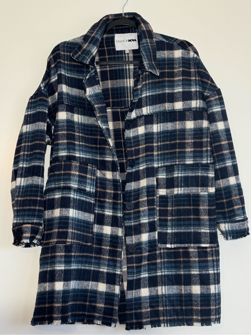 Fashion Nova Navy Plaid Long Shacket with White and Tan Accents